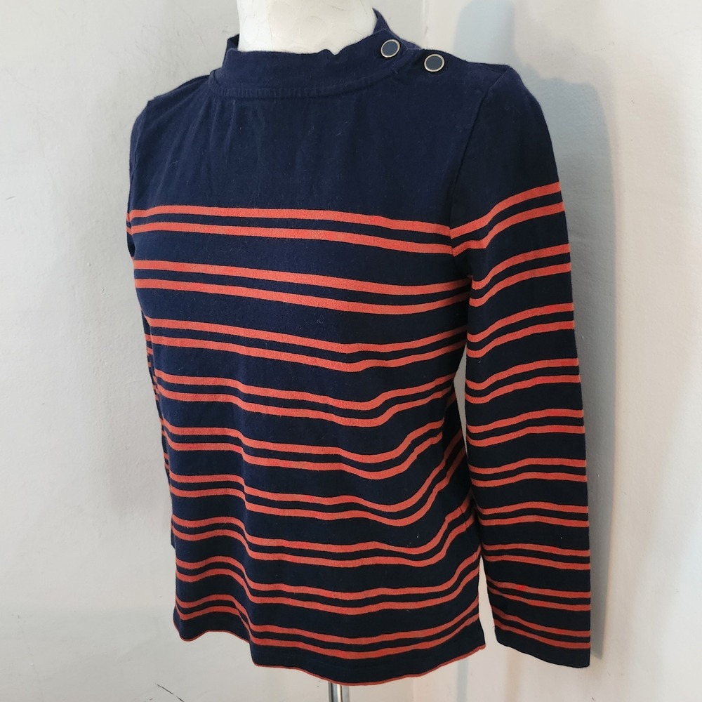 Talbots Petite Navy Blue Orange Striped Mock Neck Button Shoulder Top SP - Picture 6 of 6